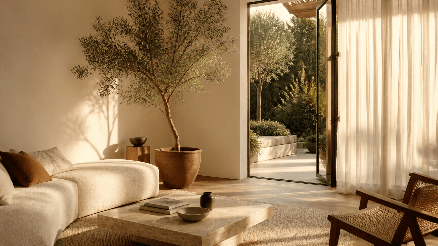 Warm, sunlit Los Angeles living room with linen seating, oak joinery, plaster walls, and a large potted plant